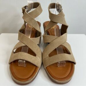 Vince Camuto Devery Tan Beige Leather Suede Block Heel Strappy Sandal Women 8.5